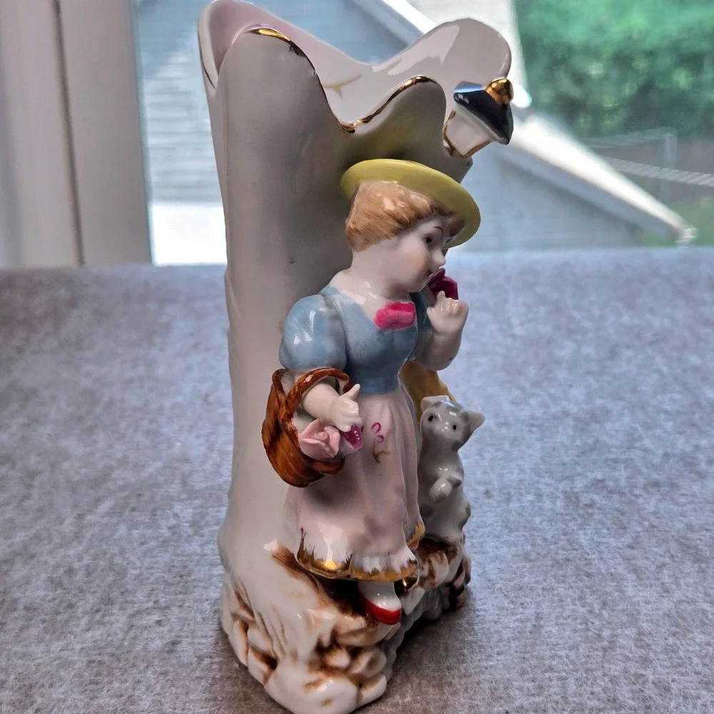 Vtg Camille Naudot Porcelain Figurine Vase Young Girl With Cat and Pink Roses